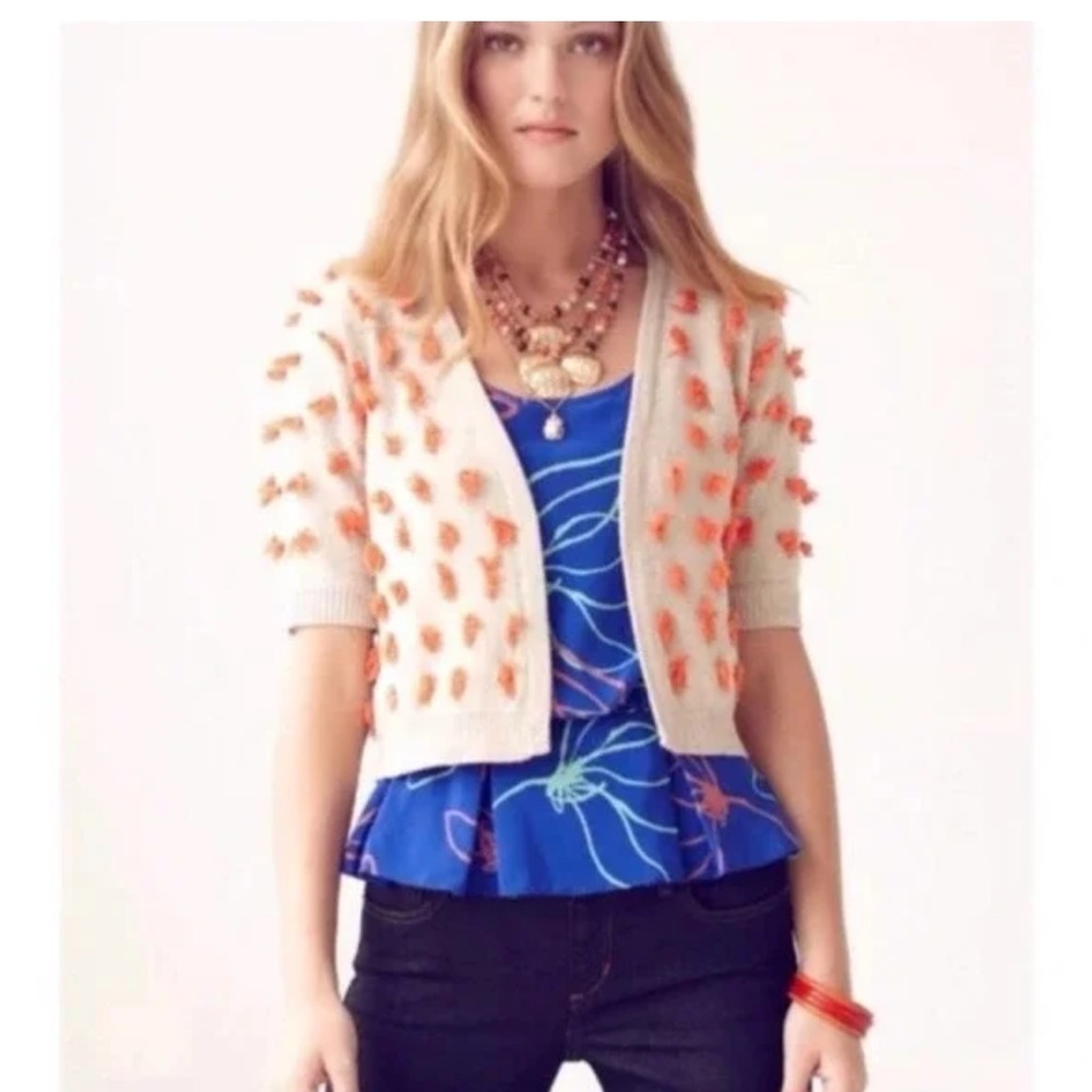 Anthropologie Sparrow Pom Pom Cream Sweater with Orange tassel medium - Picture 2 of 5